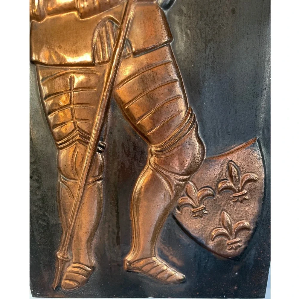 Vintage 3D Medieval Copper Knight Wall Art Plaque Embossed Metal Fleur -De-Lis
